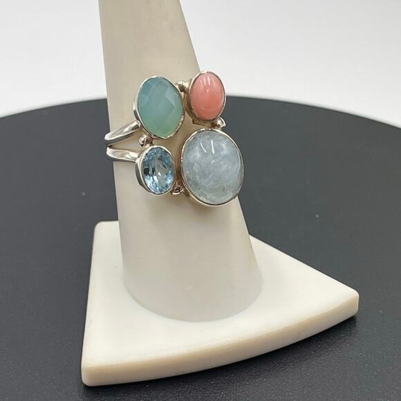 Natural Stone Sterling Moonstone Aquamarine Blue Topaz Morganite Cluster Ring 8 - Picture 1 of 9